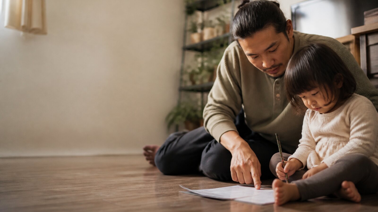 A father sitting on the floor beside his young son, working through something together