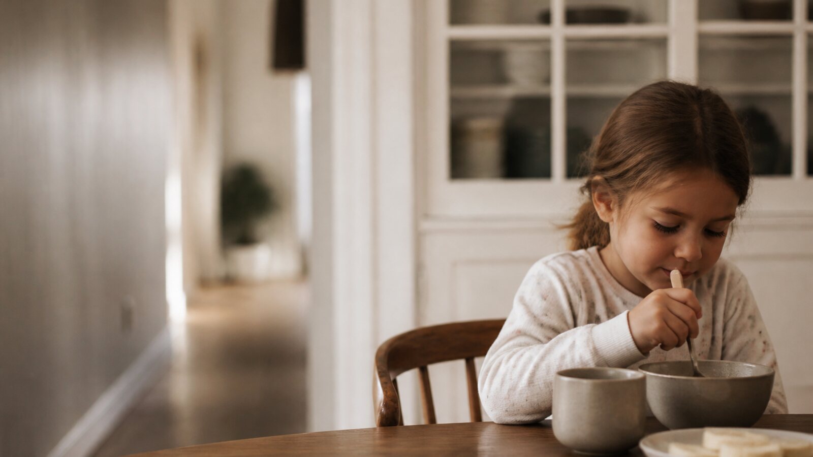 Morning light in a lived-in family home during the school-day routine
